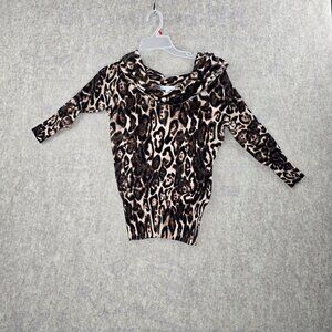 New York & Company Women’s Leopard Print Knit Top Brown Black Small Long Sleeve